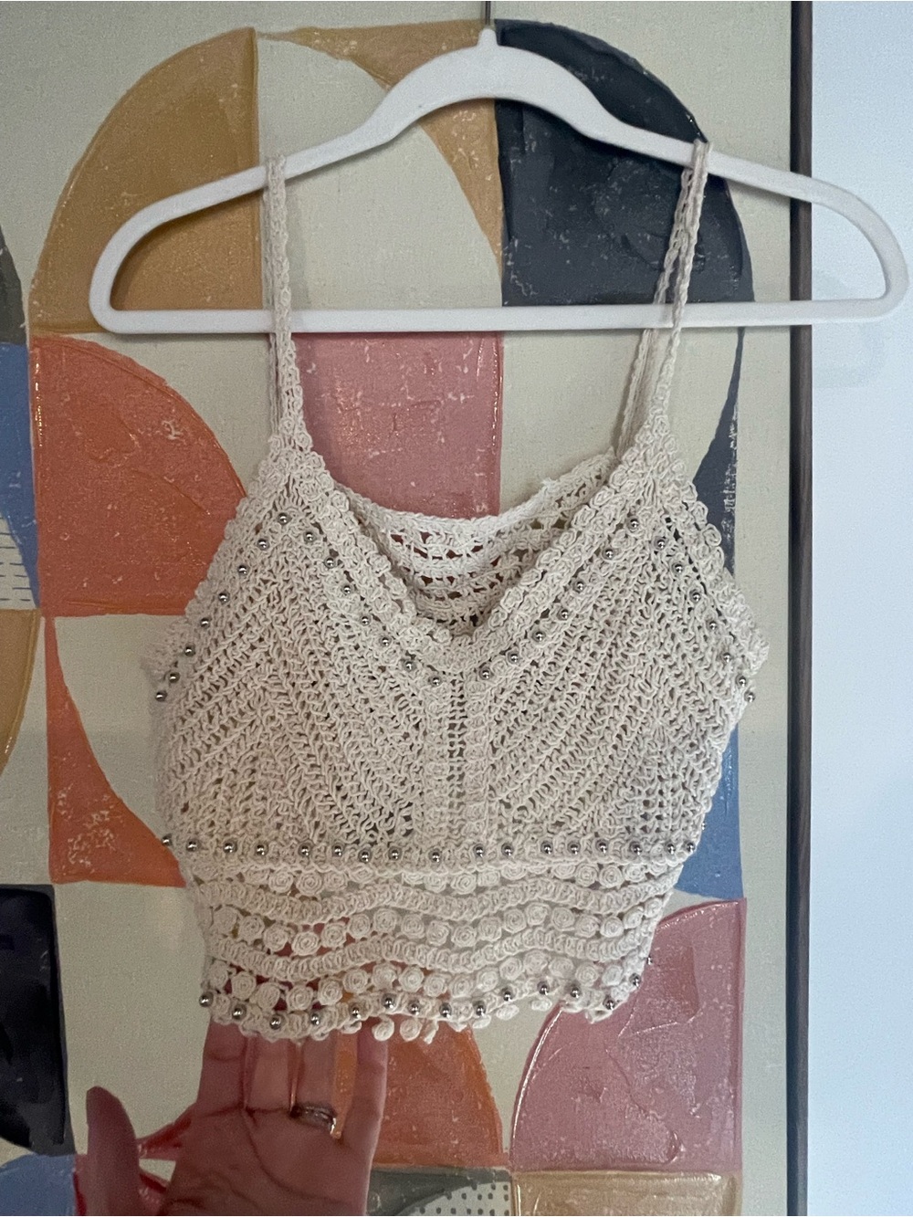 Vintage Handmade Beaded Crochet Cream Crop Tank Top